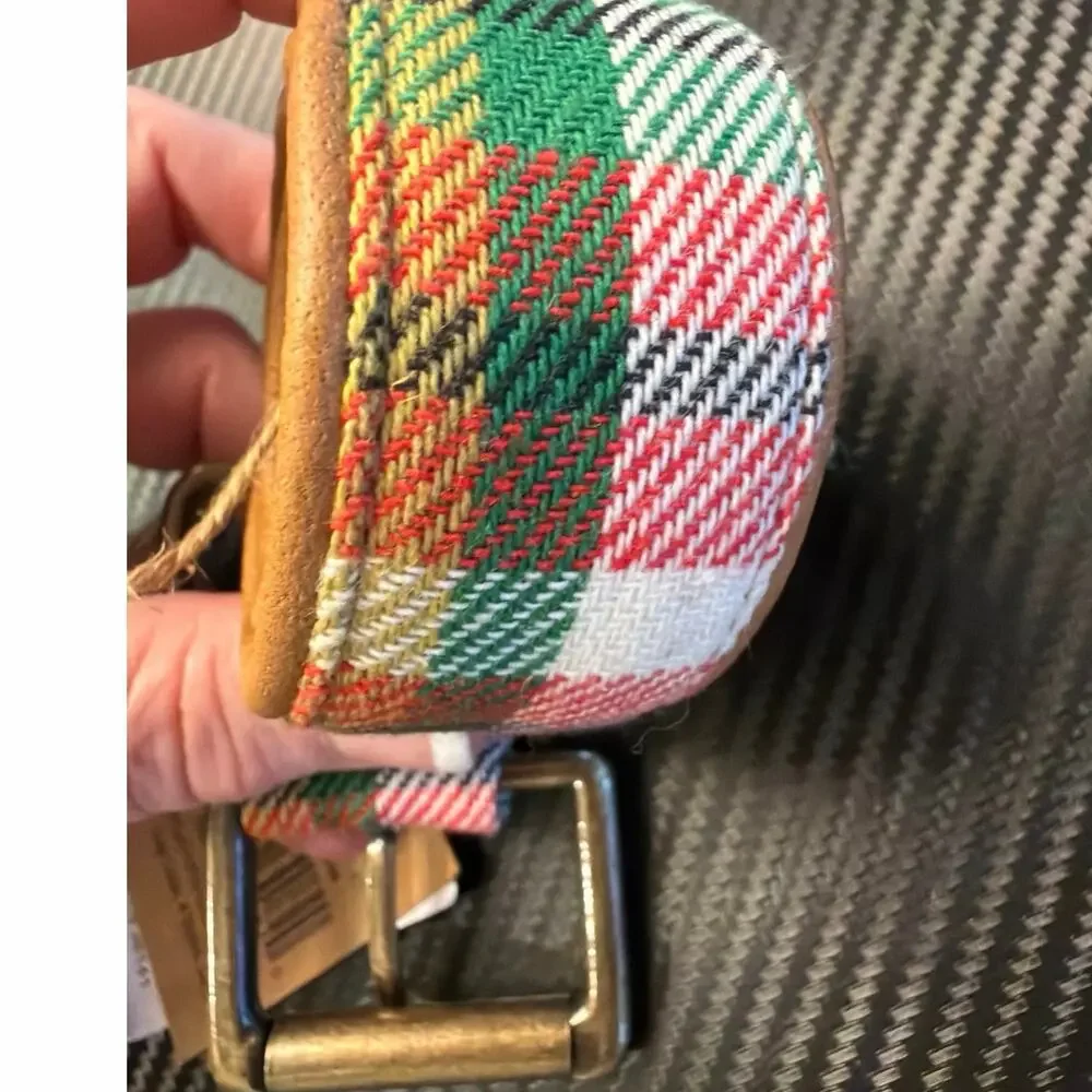 NWT Creative Co-op Cotton & Leather Large Green Plaid Dog Collar Item # XS5767A